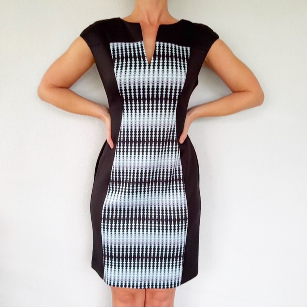 Connected Apparel black blue abstract dot stretch bodycon cap sleeve dress 6P